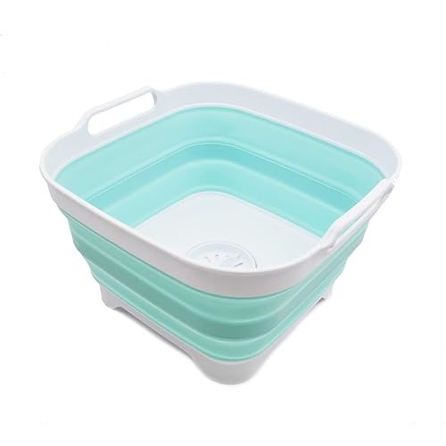 SAMMART 10L (2.64 Gallon) Collapsible Dishpan with Draining Plug - Foldable Washing Basin - Portable Dish Washing Tub - Space Saving Kitchen Storage Tray (1, White/Lake Green)