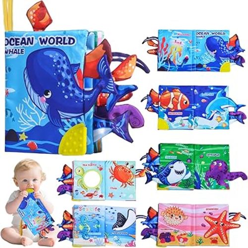 Baby Books Toys,Touch and Feel Crinkle Cloth Book for Infant Baby 0-18 Months Sensory Book for Babies,Teething Toys Tummy Time Crinkle Book for Infant Babies,Newborn Stocking Stuffers