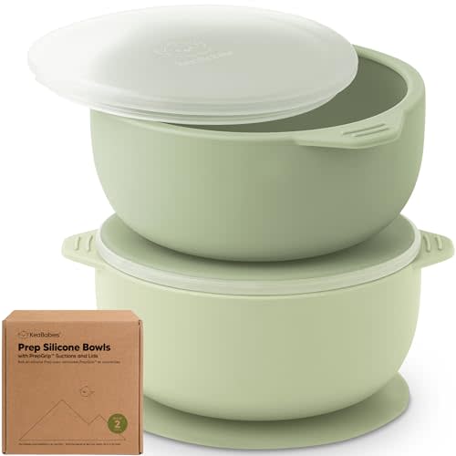 KeaBabies 2-Pack Baby Bowls with Suctions, Lids - Silicone Suction Bowls for Baby Boy, Girl, Toddlers Suction Bowls, Kids Bowl, Silicone Bowls for Baby Food, BPA-Free, Dishwasher Safe (Sage)
