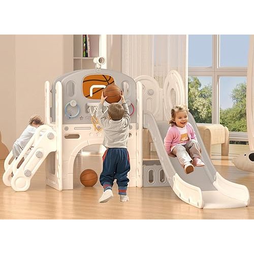XJD 8 in 1 Toddler Slide Set, Kids Slide for Toddlers Age 1+, Climber Slide PlaySet with Basketball Hoop and Ball,Outdoor Indoor Playground for Toddlers 1-3 (Beige Grey, 8 in 1)