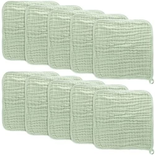 Baby Washcloths, Muslin Cotton Baby Towels, Large 10”x10” Wash Cloths Soft on Sensitive Skin, Absorbent for Boys & Girls, Newborn Baby & Toddlers Essentials Shower Registry Gift (Sage, Pack of 10)