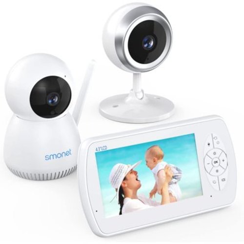 SMONET Baby Monitor with Video and Audio, 1080P Baby Monitor with 2 Cameras Remote Pan Tilt Feed Alarm Two-Way Talk Night Vision Crying Alarm