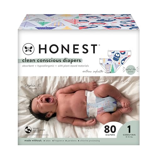The Honest Company Clean Conscious Diapers | Plant-Based, Sustainable | Winter '23 Limited Edition Prints | Club Box, Size 1 (8-14 lbs), 80 Count