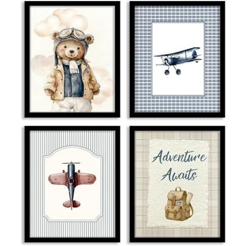 WEFKODO Vintage Nursery Kids Room Wall Art Aviation Decor Posters, Air Plane Wall Decor for Boys Kids Toddler Room Bedroom Classroom, Cute Bear Adventure Poster 4Pcs, 8x10 Inch Unframed