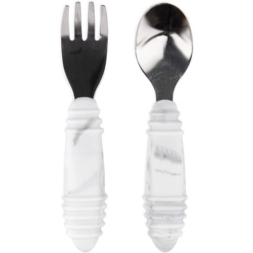 Bumkins Toddler Utensils, Kids Size Fork and Spoon Set, Silicone and Stainless-Steel Training Silverware, Angled Forks / Sporks for Self-Feeding, Children Hold Learning to Eat, 18 Months Up, Marble