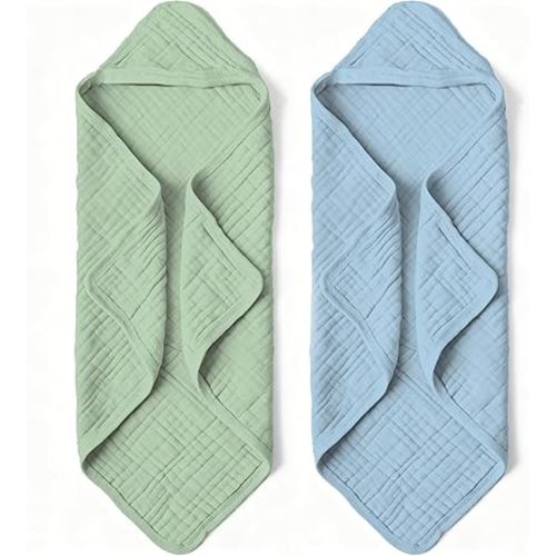 Organic Muslin Hooded Baby Bath Towels - 2 Pack 100% Organic Cotton Towel for Babies, Infants, Toddlers - 32x32Inch - Highly Absorbent and Newborn Essential(Blue Green)