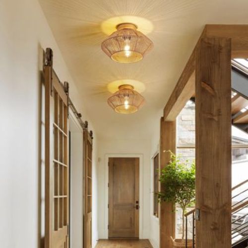 Ludomide 12.6" Boho Light Fixture, Hand-Woven Flush Mount Boho Chandelier, Farmhouse Rattan Ceiling Light Fixture for Hallway Bedroom Foyer Nursery