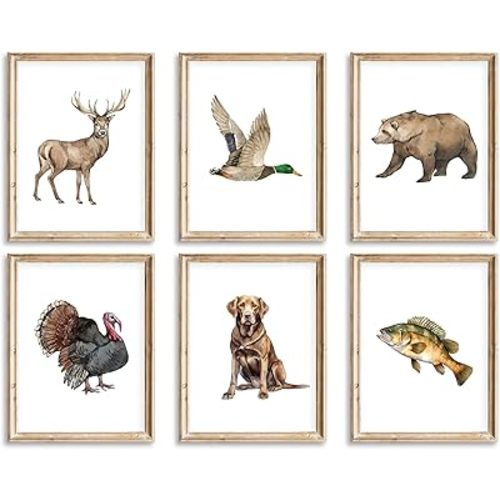 Hunting Animal Nursery Wall Art Baby Boy Room Canvas Wall Decor Vintage Woodland Animal Poster Mallard Duck Deer Bear Turkey Fish Hunting Dog Prints Artwork for Kids Bedroom 8x10x6 In Unframed