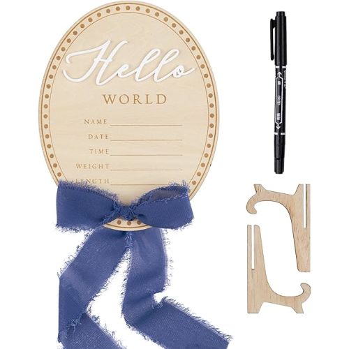 Wooden Hello World Baby Announcement Sign with Navy Bow – Oval Birth Stat Board with Marker & Stand – Newborn Photo Prop Keepsake for Name Date Time Weight Length (Ribbon Blue)