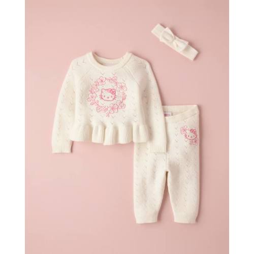 Baby Girls Hello Kitty® Embroidered Floral Pointelle 3-Piece Sweater Set - White
