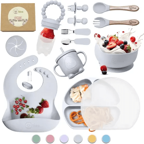 O'doe 17-Piece BPA-Free Silicone Baby Feeding Set | Thick & Soft Suction Plates, Baby Bowls, Wooden Fork & Spoon, and More | Make Mealtime Fun and Easy for Your Little One (Grey, V2)