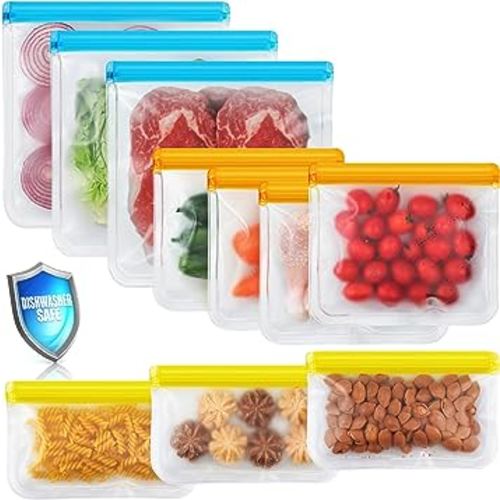 10 Pack Dishwasher Safe Reusable Bags, Leakproof Reusable Freezer Bags, BPA Free Food Storage Bags for Lunch Marinate Food Travel - 3 Gallon 3 Snack 4 Sandwich Bags