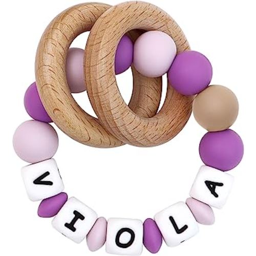 Munchewy Personalized Baby Rattle Teether Ring with Name-Purple/Lilac