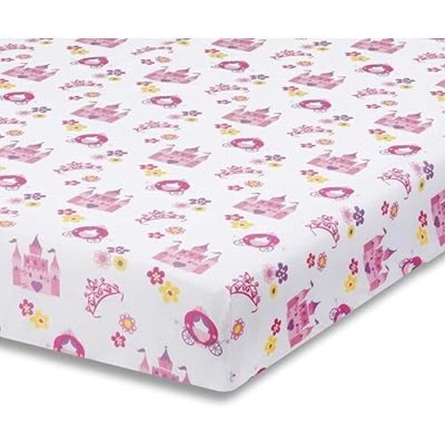 Baby Girl Fitted Crib Sheet Princess Storyland, 100% Soft Breathable Microfiber Baby Sheet, Fits Standard Size Crib Mattress 28in x 52in, Nursery Sheet