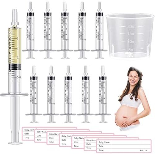 Trelaco Colostrum Collector Kit Include Sterile Sealed Breast Milk Syringes with Caps No Needle Colostrum Syringes Stickers 1 Measuring Cup Harvesting Collection for Breastmilk(100 Sets,5 ml)
