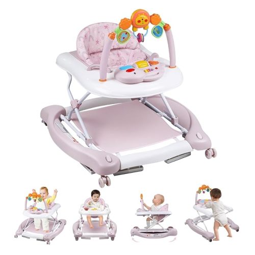 Baby Walker, 5 in 1 Baby Walkers for Boys Girls 6-12 Months, Foldable Walkers for Babies with Bouncer & Feeding Tray, Music, Adjustable Heights, Activity Walker for Infant