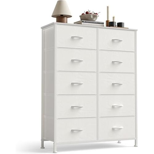 Sweetcrispy 10 Drawer Fabric Dresser Storage Tower with Bins, Tall Chest Organizer for Bedroom Closet Hallway, Steel Frame Wood Top Easy Pull Handles,White