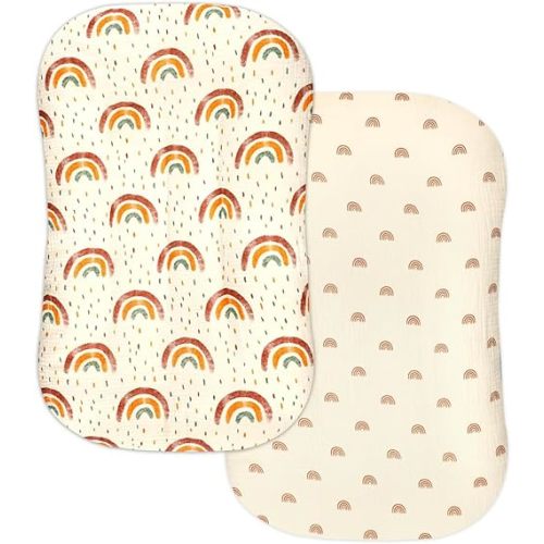 Hooyax Muslin Baby Lounger Cover 2 Pack, Organic Cotton Removable Slipcover for Newborn, Baby Padded Lounger Infant Floor Seat Cover for Boys Girls, Boho Rainbow