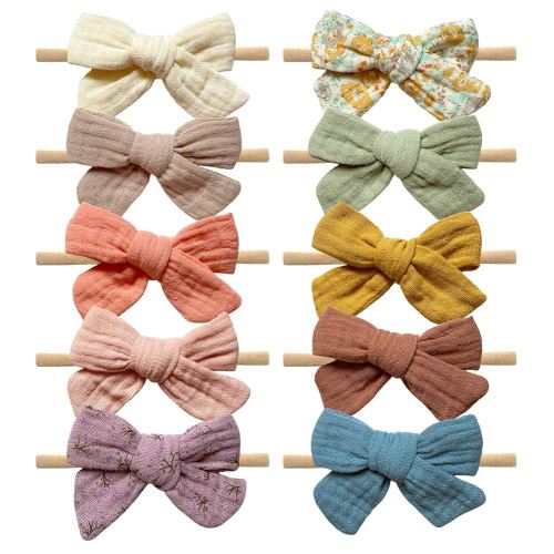 Cherssy Baby Muslin Hair Bows and Headbands, 10pcs Soft Nylon Hairbands for Newborn, Infants, Toddlers