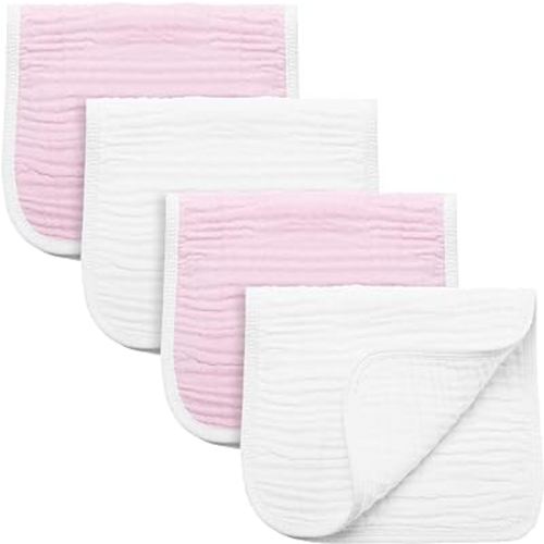 Synrroe Burp Cloths Large, Muslin Burp Cloths for Baby Girls and Boys, Pack of 4 Extra Absorbent and Soft Muslin Bibs, 6 Layers 20 by 10 Inches 100% Cotton (Pink-White 4 Pack)