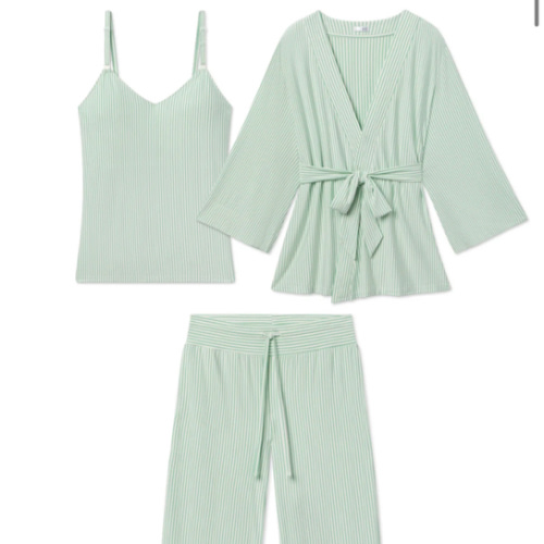 LAKE | Women | DreamModal Pajamas | Parisian Green Pencil Stripe Maternity Kimono Bundle