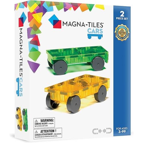 MAGNA-TILES Cars – Green & Yellow 2-Piece Magnetic Construction Set, The ORIGINAL Magnetic Building Brand