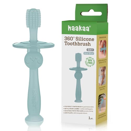 haakaa 360° Silicone Baby Toothbrush – 100% Soft Food Grade Silicone, BPA-Free, Suction Base, Safe for Babies 6 Months+, Gentle Gum and Teeth Cleaning for Infants, Gum Massager (Mist Blue)