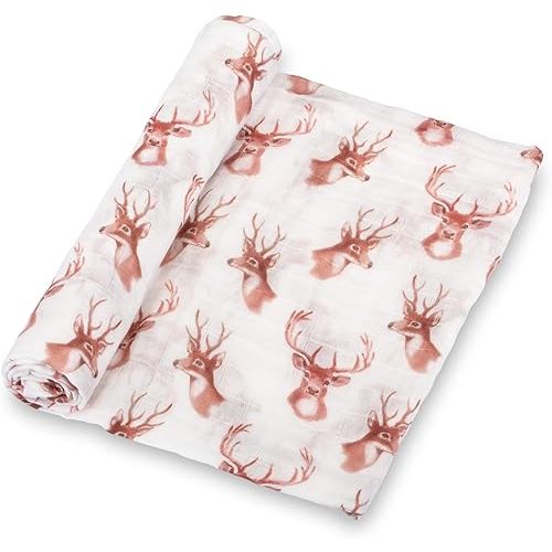 LollyBanks Muslin Swaddle Blanket, 100% Cotton Cozy Baby Blankets for Boys and Girls, Soft and Breathable 47 x 47 Inches Newborn Receiving Blanket, Baby Registry Must Haves (Deer Head Print)