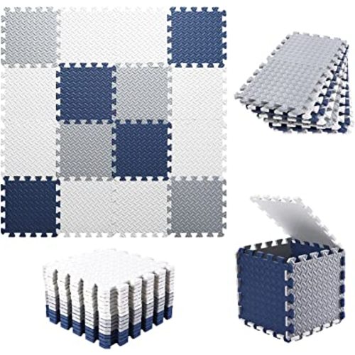Foam Play Mat for Baby, EVA Non-Toxic Interlocking Floor Mats with Solid Colors, Squares Baby Play Mat, EVA Foam Floor Mat Foam Mats for Kids, Baby, 16 Tiles(White/Light Gray/Dark Blue)