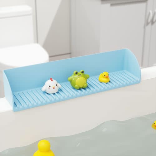 Splash Guard for Bathtub & Sink - 2Pack Silicone Kids Bath Splash Guard Shelf, Bath Toy Tray Holder, Tub Water Splash Guard with 4 Suction Cups, Bathroom Accessories for Children, Toddler Bath, Blue