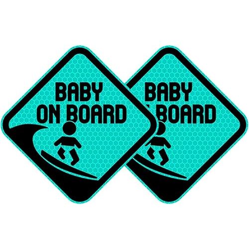 2pcs Baby on Board Surf Sticker for Cars, Reflective Vinyl Decals Funny Baby on Board Sign 4.92x4.92 in Reflective Baby Safety Warning Car Decal for All Cars (Mint Green)