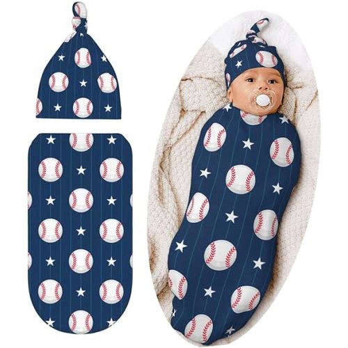Cute Baseball Print Baby Stuff Swaddle Blanket Hat Set for Boys Girls, Soft Newborn Sleeping Sack Receiving Blanket Shower Gift