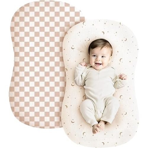 Konssy Muslin Baby Lounger Cover 2 Pack, 100% Cotton Newborn Lounger Cover, Soft and Breathable Lounger Slipcover for Boys Girls, Covers Only (Coffee Check,Moon)