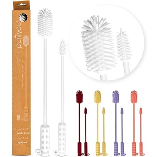 purifyou 16in & 12in Platinum Silicone Water Bottle Cleaner Brush Set with Cap Brushes, for Bottles, Tumblers, Drinking Glasses, Narrow Neck Containers, Dishwasher Safe, Durable (Set of 2, White)