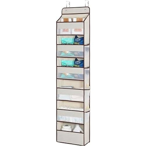 Univivi 6 Tier Over The Door Organizer With 8 Mesh Side Pockets, Bathroom Organizers and Storage Over The Door Organizer For Nursery Baby Essentials (Beige)