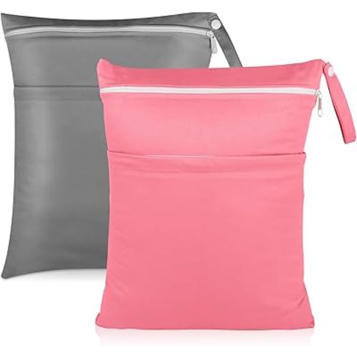 Angel Love 2 Pack Baby Cloth Diaper Wet/Dry Bags with Two Zippered Pockets, Travel, Beach, Pool, Gym Bag for Swimsuits or Wet Clothes, Waterproof Washable Reusable, P0709