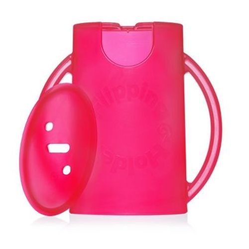 Flipping Holder Food Pouch Holder No Squeeze, flips over to hold drink boxes and juice pouches, easy grip handles and lid (Pink)