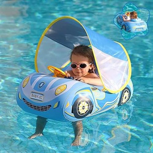 Baby Pool Float with 3D Car Design, Heavy Duty PVC Baby Swim Float, Toddler Pool Float, Swimming Floats Seat Boat with Steering Wheel for 12-18, 12-24 Months, Age 2-3, 1-4 Years Girl Boy