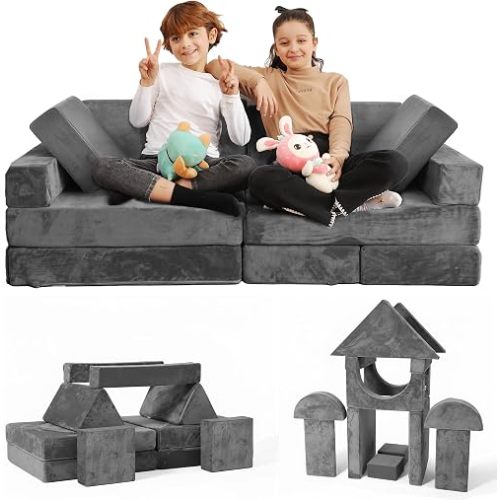 Contour Comfort Kids Couch 14 PC Modular Kids Play Couch Set – Convertible Sofa with Soft Foam Sofa Cushions | Fort Kid Play Room Furniture, Grey