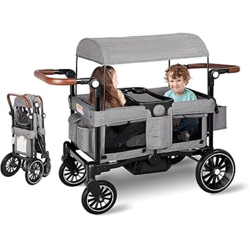 Kinder King Folding Wagon Stroller for 2 Kids, Convert to Newborn Bassinet, 2 Seater w/Removable Canopy, Adjustable Handle, All-Terrain Shock-Absorbing Wheel, Detachable Tray, Diaper Bag, Grey