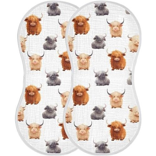 2Pcs Cute Highland Cow Pattern Burp Cloth,Unisex Large Absorbent Soft Cotton Muslin Burping Cloths for Newborn Boys Girls,11x22in,A110859