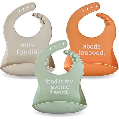 Silicone Feeding Bibs | Dishwasher Safe. Waterproof. Adjustable. - 3 Pk Bundle (Foodie Bibs)