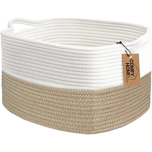 COMFY-HOMI Cotton Rope Woven Basket with Handles for Shelves,Toys,Book, Cloth Storage Baskets Bin for Organizing-13.5"x11"x9.5" Toy Decorative Organizer for Living Room, Bathroom-Light Brown