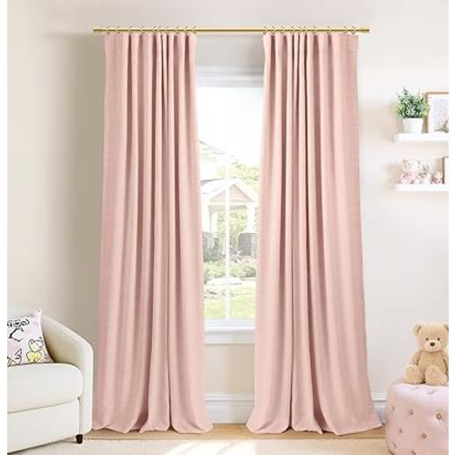 INOVADAY 100% Blackout Curtains for Bedroom, Black Out Curtains 84 Inch Long, Clip Rings Linen Blackout Drapes, Thermal Insulated Room Darkening for Living Room, 2 Panels - Blush Pink,W50xL84