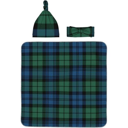 Scottish Plaid Clan Campbell Green Blue Tartan Newborn Receiving Blanket Toddler Warm for Girls with Matching Hat and Bow Headband Shower Gift