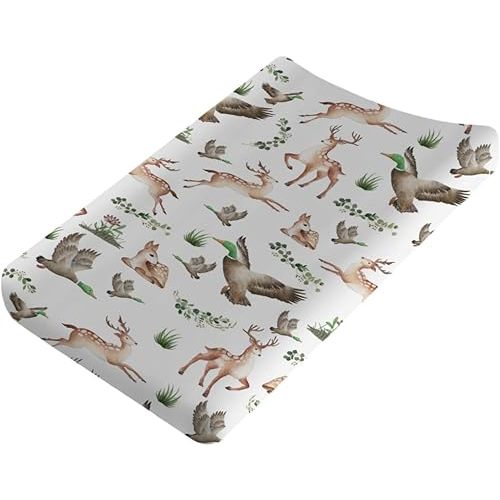 Wild Animals Hunting Baby Changing Pad Cover Sheets for Boys & Girls 32''x16'' Hunting Animals Boho Leaves Unisex Fitted Diaper Change Table Sheets Soft Breathable Changing Table Mats