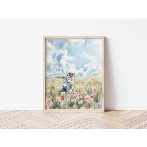 Watercolor Australian Shepherd in Flower Field Wall Art Animal Poster Aussie Wildflower Art Aussie Mom Gift Aussie Dad Gift Pet Loss Gift