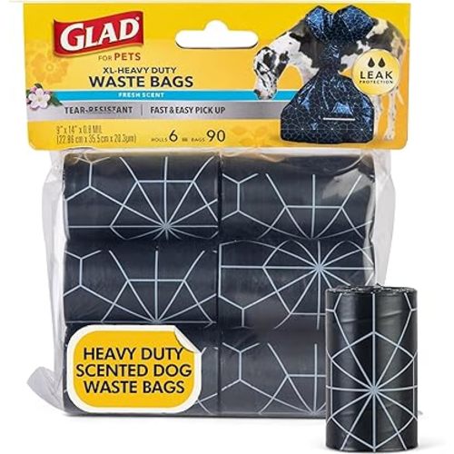 Glad for Pets Extra Large Dog Poop Bags 6 Rolls, 90 Count, Fresh Scent - Heavy Duty Scented Poop Bags - Tear Resistant Doggie Poop Bags - Scented Dog Poop Bag Rolls - Black Poop Bags for Dogs
