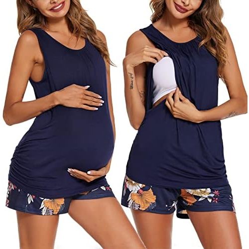 Ekouaer Women Maternity Nursing Pajama Set Breastfeeding 2 Pieces Pjs Set Sleeveless Pregnancy Top & Shorts with Pockets