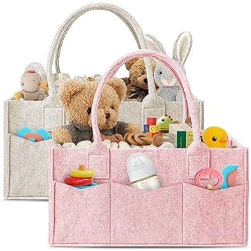 HIPHOP PANDA 2-Pack Diaper Caddy Organizer - Nursery Storage Bin & Car Organizer for Diapers, Wipes, and Baby Essentials - Dual-Color Solid Set (Pink/Oatmeal), Regular Size